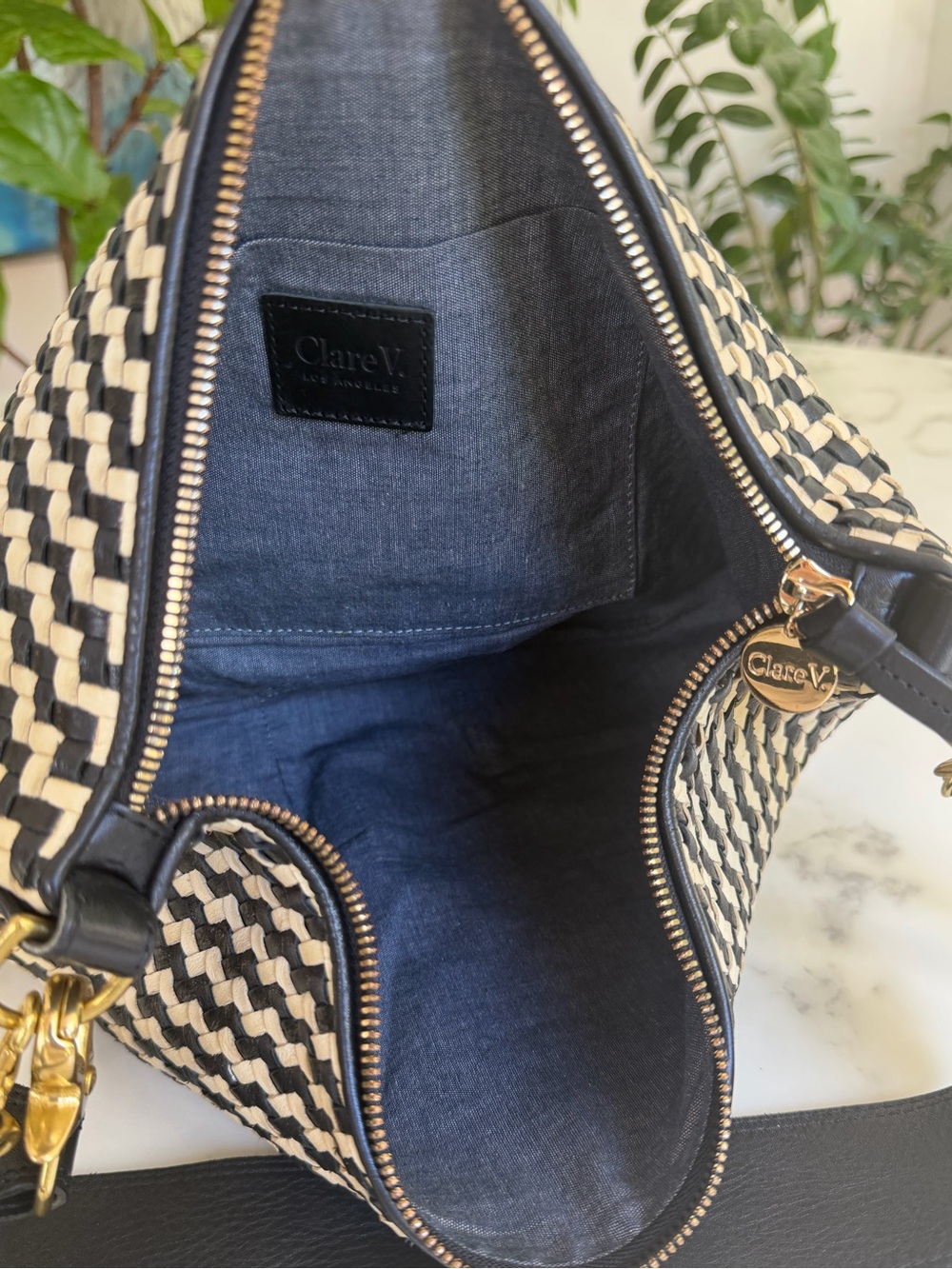 Clare V. Moyen Messenger Bag Black & Cream Woven Zig Zag Leather Crossbody - Picture 12 of 16